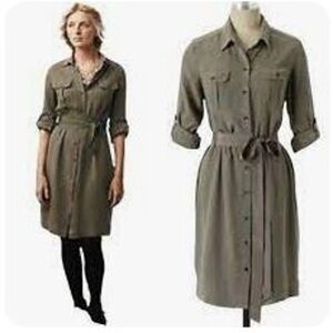 🕠 Anthropologie Odille | Silk Utility Shirt Dress | Roll Tab | Olive | Midi | XS